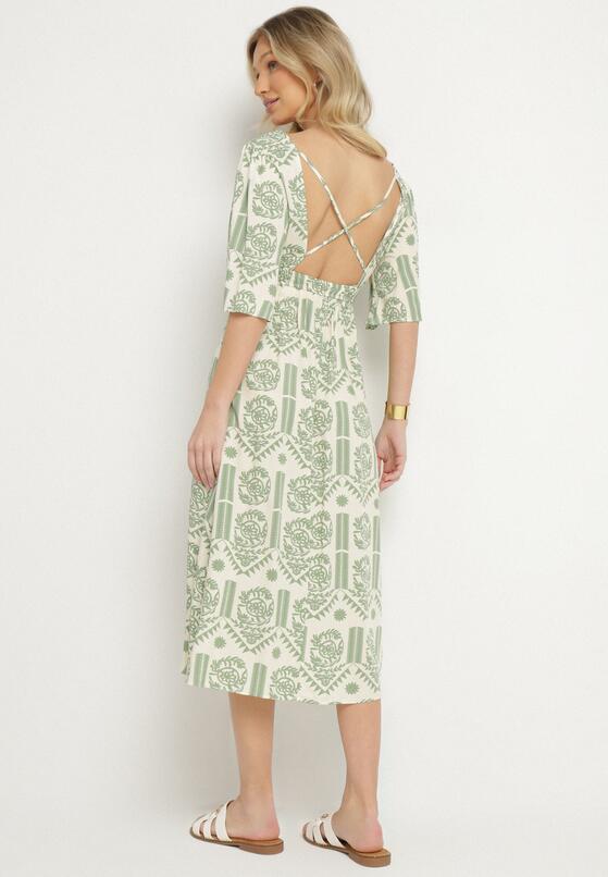 Zielono-Kremowa Sukienka Wiskozowa Rozkloszowana z Odkrytymi Plecami w Print Boho Turaisa 3