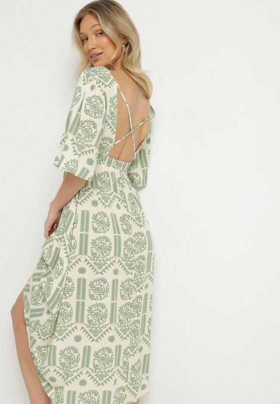 Zielono-Kremowa Sukienka Wiskozowa Rozkloszowana z Odkrytymi Plecami w Print Boho Turaisa 4