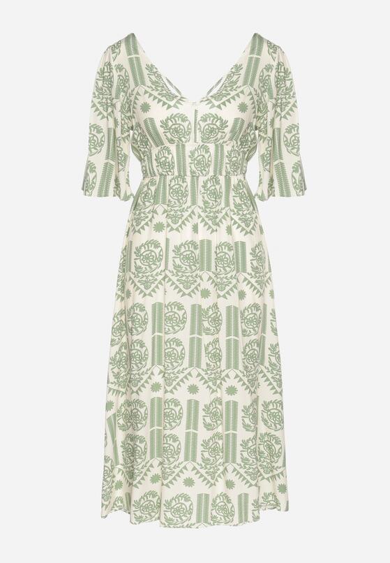 Zielono-Kremowa Sukienka Wiskozowa Rozkloszowana z Odkrytymi Plecami w Print Boho Turaisa 6