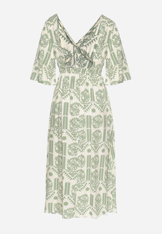 Zielono-Kremowa Sukienka Wiskozowa Rozkloszowana z Odkrytymi Plecami w Print Boho Turaisa 7