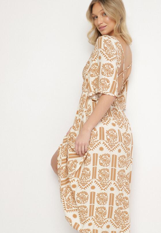 Ciemnobeżowa Sukienka Wiskozowa Rozkloszowana z Odkrytymi Plecami w Print Boho Turaisa 4