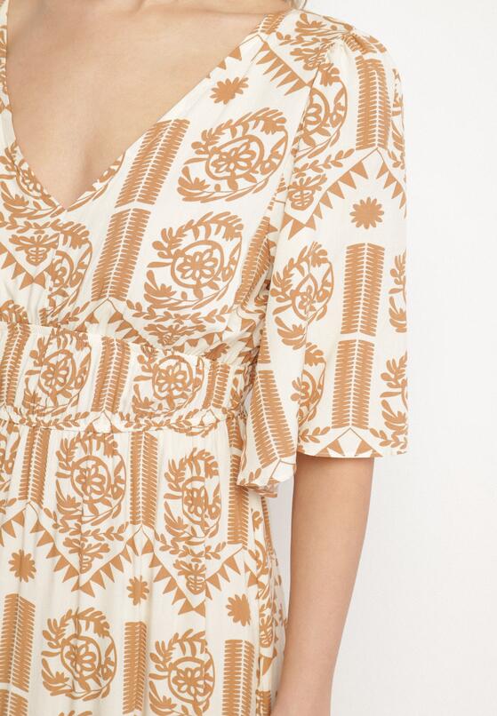 Ciemnobeżowa Sukienka Wiskozowa Rozkloszowana z Odkrytymi Plecami w Print Boho Turaisa 5
