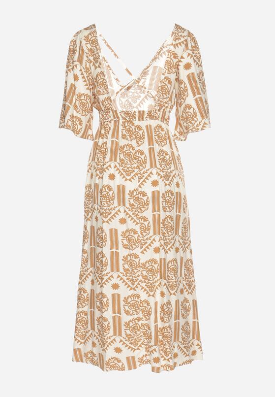 Ciemnobeżowa Sukienka Wiskozowa Rozkloszowana z Odkrytymi Plecami w Print Boho Turaisa 7