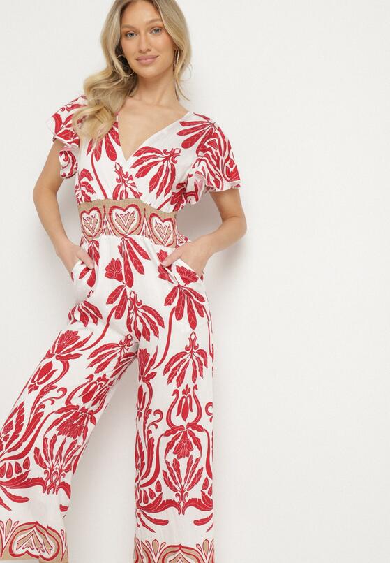 Bordowy Taliowany Kombinezon z Wiskozy w Print Boho z Kopertowym Dekoltem Nelazi 4