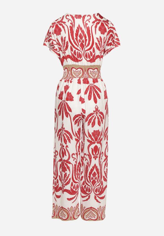 Bordowy Taliowany Kombinezon z Wiskozy w Print Boho z Kopertowym Dekoltem Nelazi 7