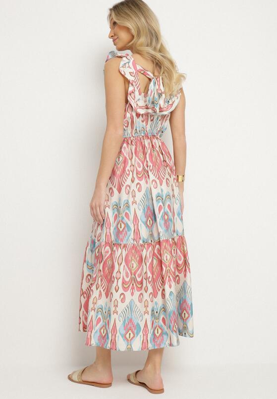 Różowa Rozkloszowana Sukienka z Wiskozą Wiązana na Plecach w Print Boho Turielia 3