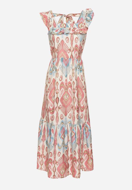 Różowa Rozkloszowana Sukienka z Wiskozą Wiązana na Plecach w Print Boho Turielia 6
