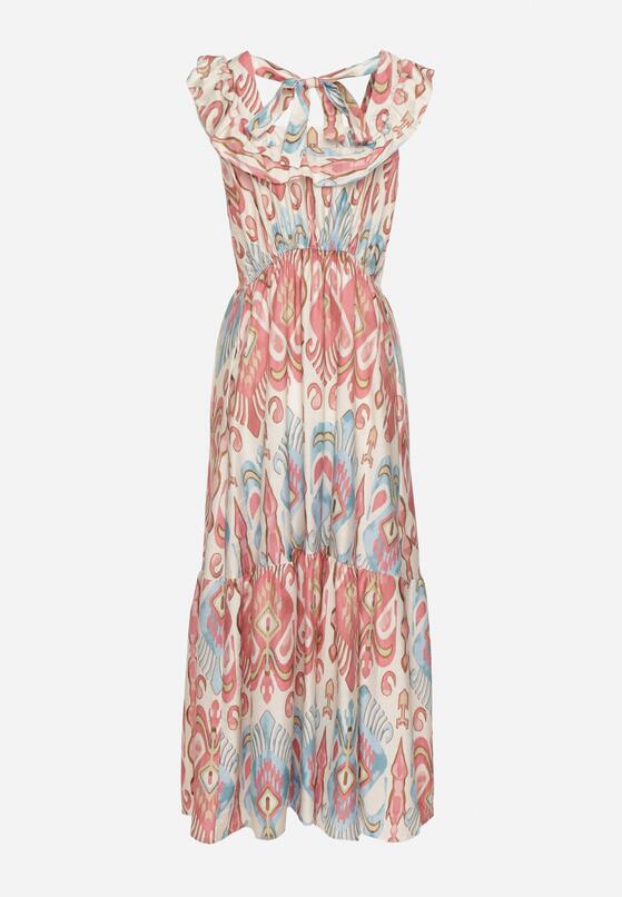 Różowa Rozkloszowana Sukienka z Wiskozą Wiązana na Plecach w Print Boho Turielia 7