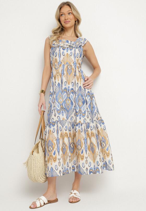 Niebieska Rozkloszowana Sukienka z Wiskozą Wiązana na Plecach w Print Boho Turielia 2