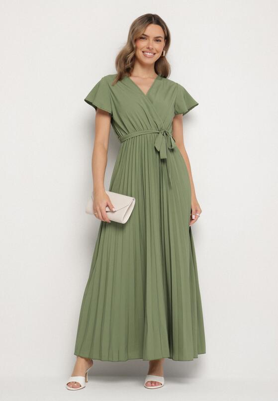 Ciemnozielona Elegancka Sukienka Maxi w Plisy z Kopertowym Dekoltem i Wiązaniem Thessi 2