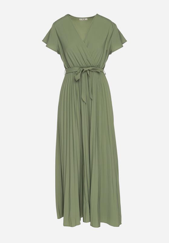 Ciemnozielona Elegancka Sukienka Maxi w Plisy z Kopertowym Dekoltem i Wiązaniem Thessi 6