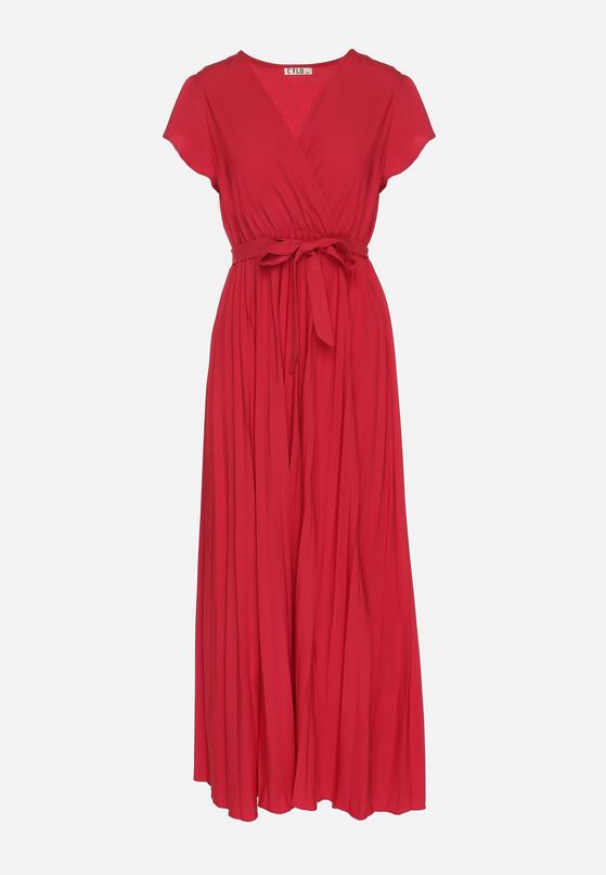 Bordowa Elegancka Sukienka Maxi w Plisy z Kopertowym Dekoltem i Wiązaniem Thessi 6