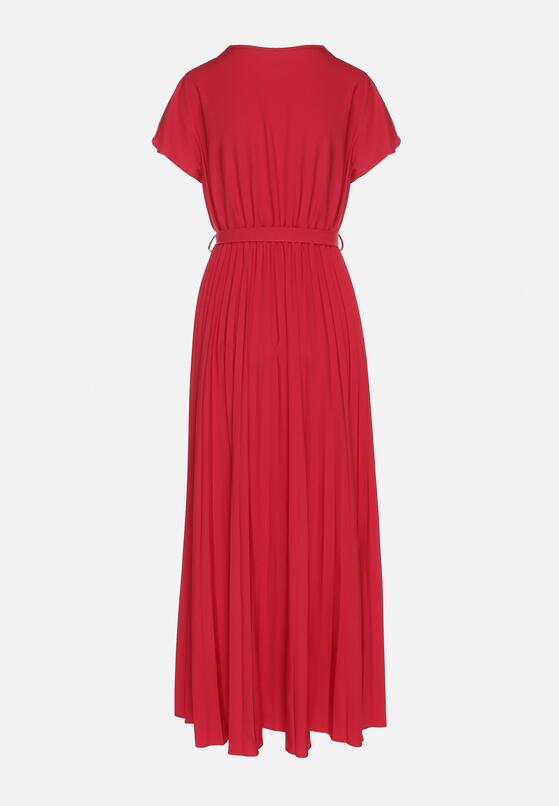 Bordowa Elegancka Sukienka Maxi w Plisy z Kopertowym Dekoltem i Wiązaniem Thessi 7