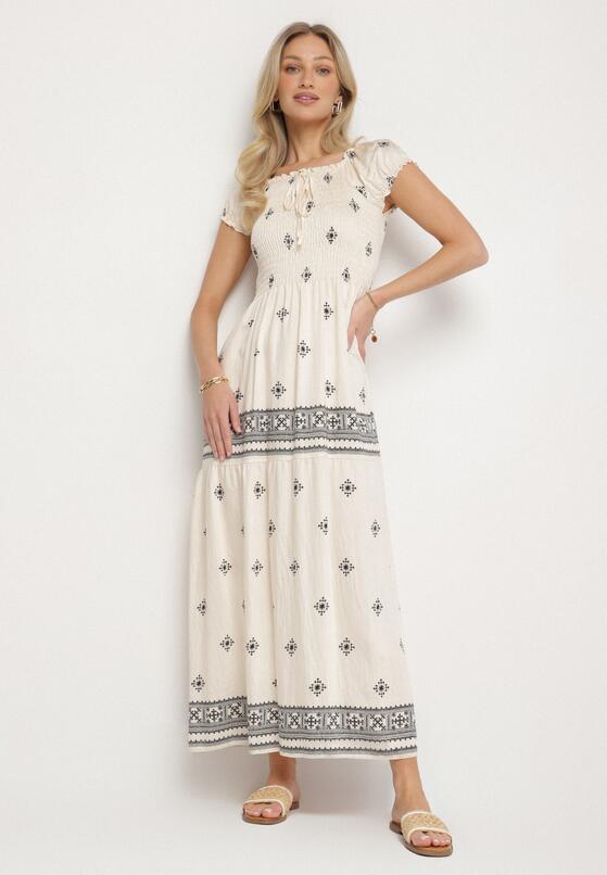 Jasnobeżowa Sukienka z Wiskozy ze Wzorem Boho Ellirose 1