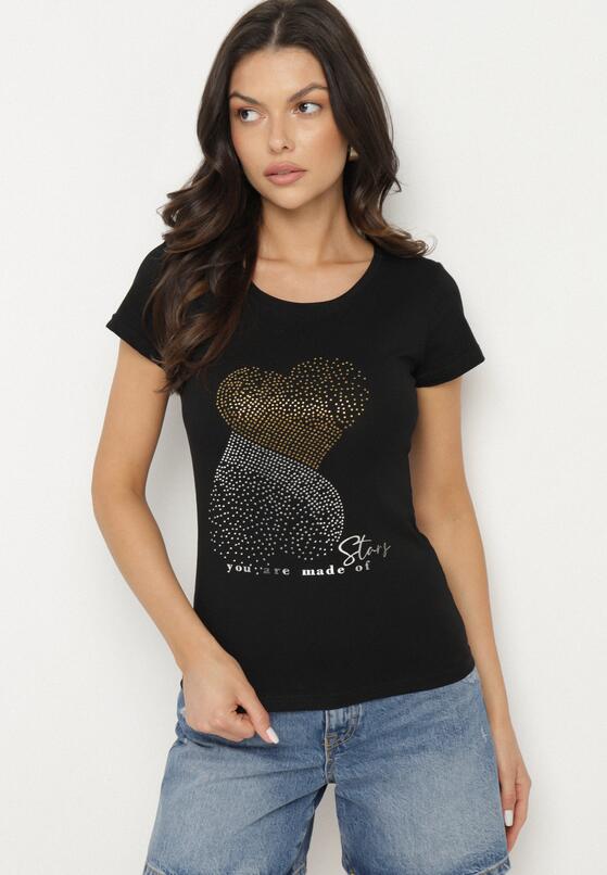 Czarny Bawełniany T-shirt Ozdobiony Cyrkoniami i Napisem Divera 4