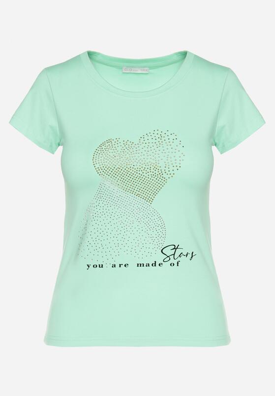 Jasnozielony Bawełniany T-shirt Ozdobiony Cyrkoniami i Napisem Divera 6