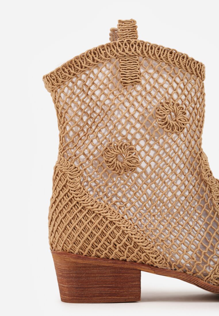 Ciemnobeżowe Ażurowe Botki w Stylu Kowbojek na Stożku ze Skórzaną Wkładką Xalozi 8