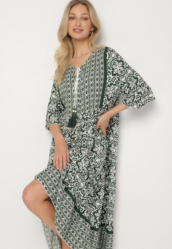 Zielona Bawełniana Sukienka w Stylu Boho z Wiązaniem Przy Dekolcie Orradelle 4