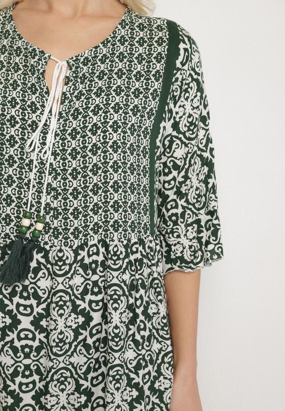 Zielona Bawełniana Sukienka w Stylu Boho z Wiązaniem Przy Dekolcie Orradelle 5
