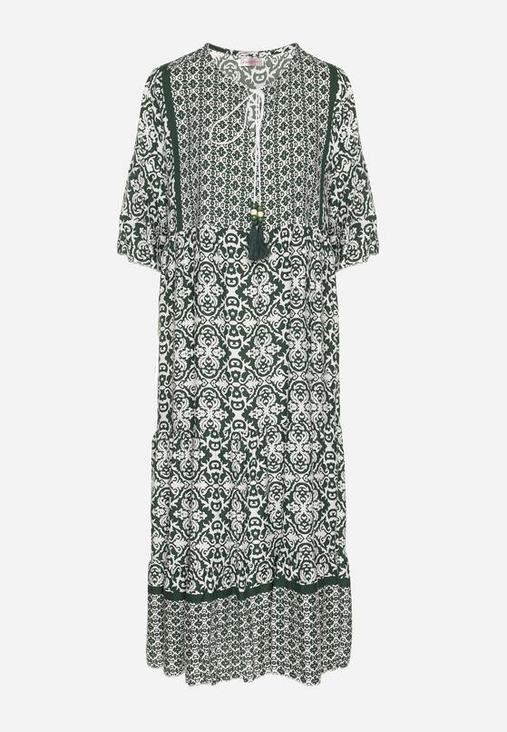Zielona Bawełniana Sukienka w Stylu Boho z Wiązaniem Przy Dekolcie Orradelle 6
