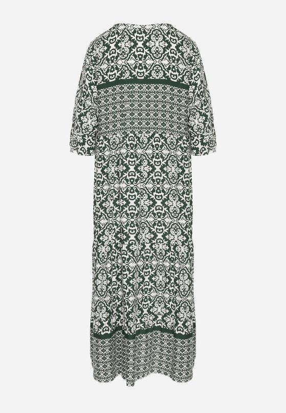 Zielona Bawełniana Sukienka w Stylu Boho z Wiązaniem Przy Dekolcie Orradelle 7