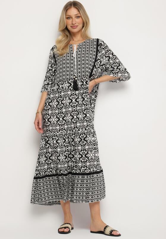 Czarna Bawełniana Sukienka w Stylu Boho z Wiązaniem Przy Dekolcie Orradelle 1