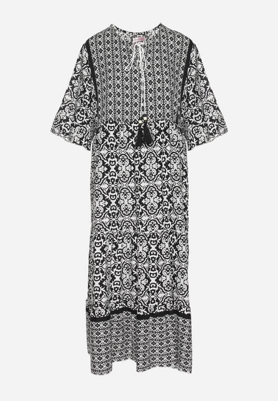 Czarna Bawełniana Sukienka w Stylu Boho z Wiązaniem Przy Dekolcie Orradelle 6