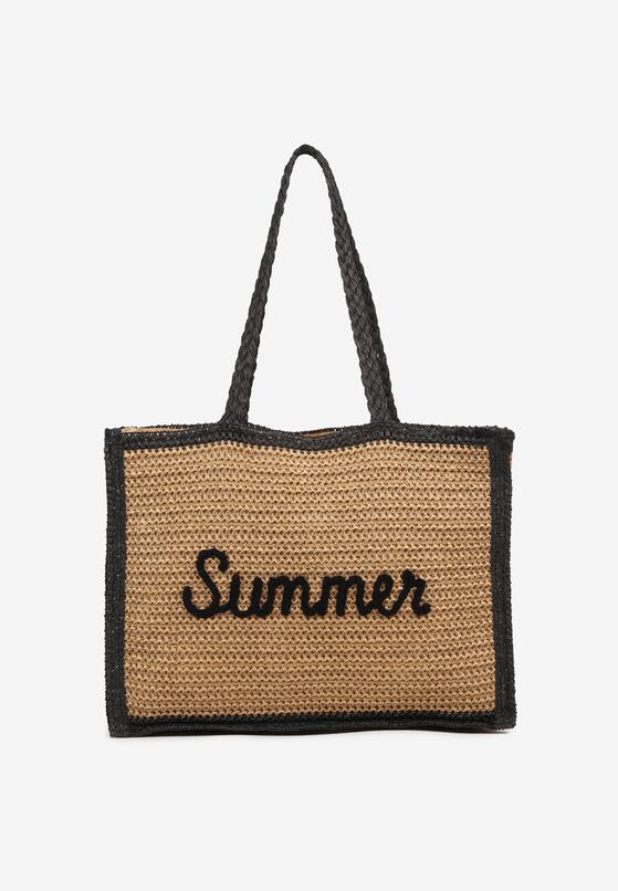Ciemnobeżowa Plażowa Torebka Shopper z Plecionki Ozdobiona Napisem Lilauri 1
