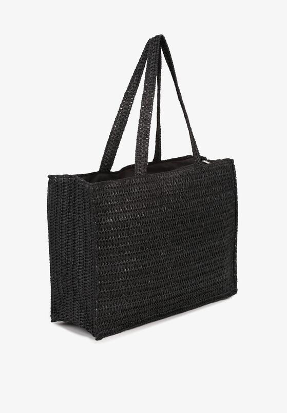 Czarna Torebka Shopper z Plecionką i Ozdobnym Napisem Nilaura 2