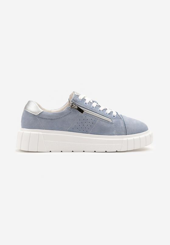 Niebieskie Skórzane Sneakersy na Grubej Podeszwie Ozdobione Perforacją Suwakiem Tellissa 4