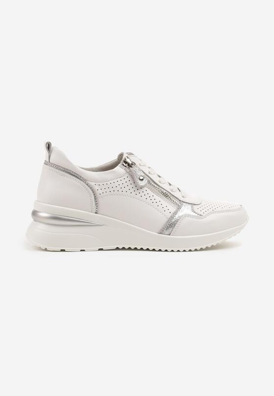 Białe Skórzane Sneakersy na Koturnie z Ozdobnym Suwakiem i Perforacją Tellava 4