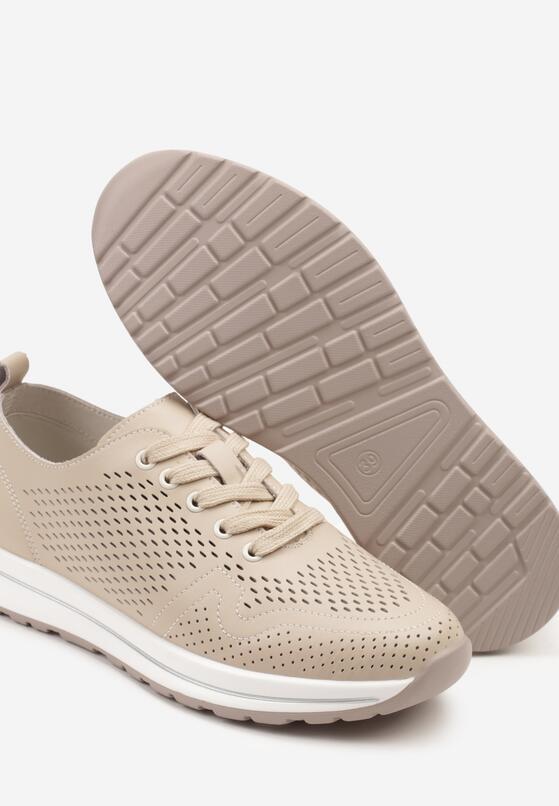 Ciemnobeżowe Skórzane Sneakersy Ozdobione Perforacją Odrelia 6