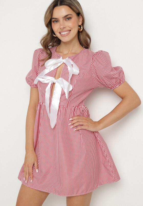 Czerwona Rozkloszowana Sukienka w Kratkę Vichy w Stylu Retro z Wiązaniem Telionea 1