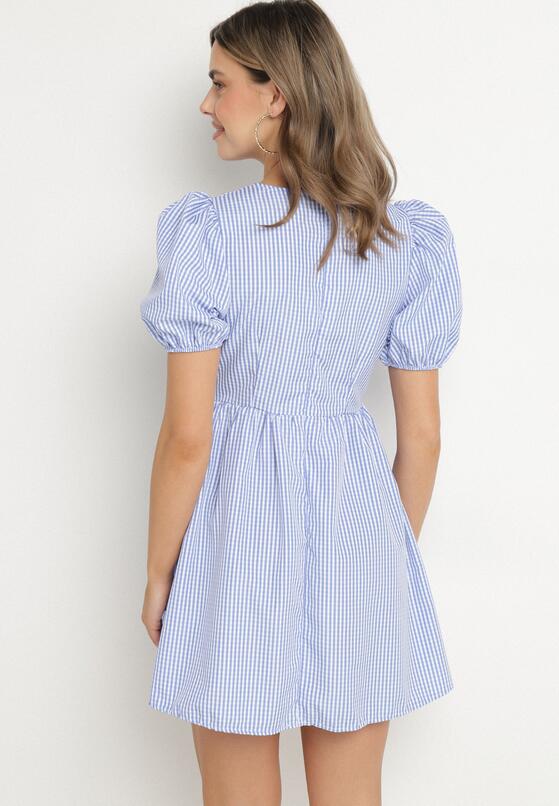 Jasnoniebieska Rozkloszowana Sukienka w Kratkę Vichy w Stylu Retro z Wiązaniem Telionea 3