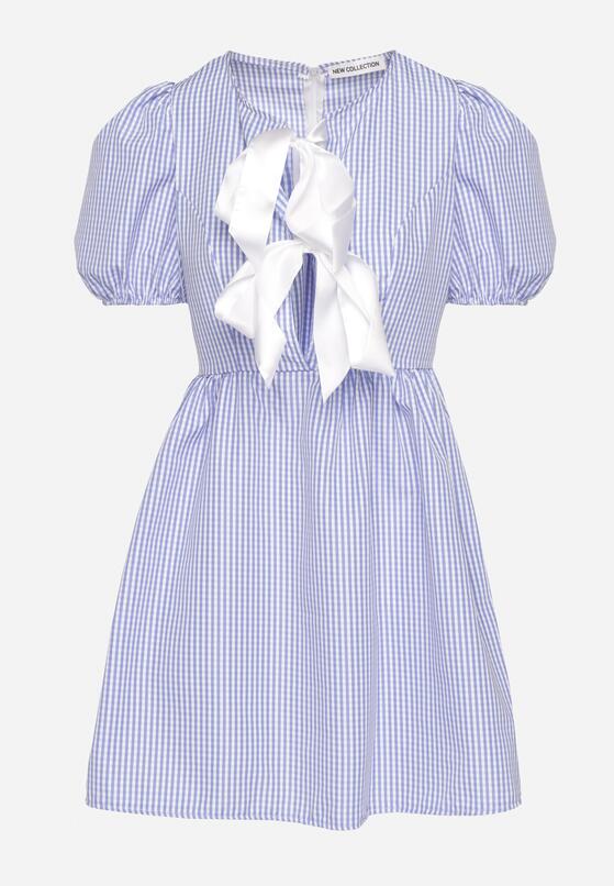 Jasnoniebieska Rozkloszowana Sukienka w Kratkę Vichy w Stylu Retro z Wiązaniem Telionea 6