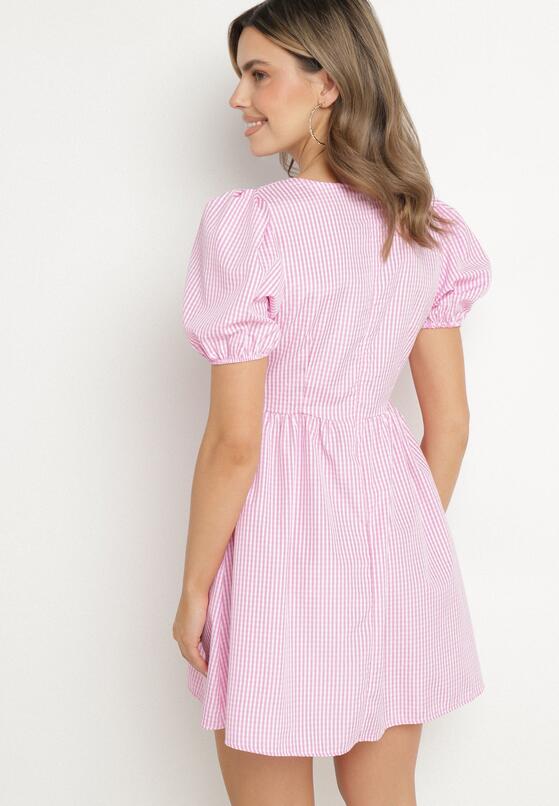 Różowa Rozkloszowana Sukienka w Kratkę Vichy w Stylu Retro z Wiązaniem Telionea 3