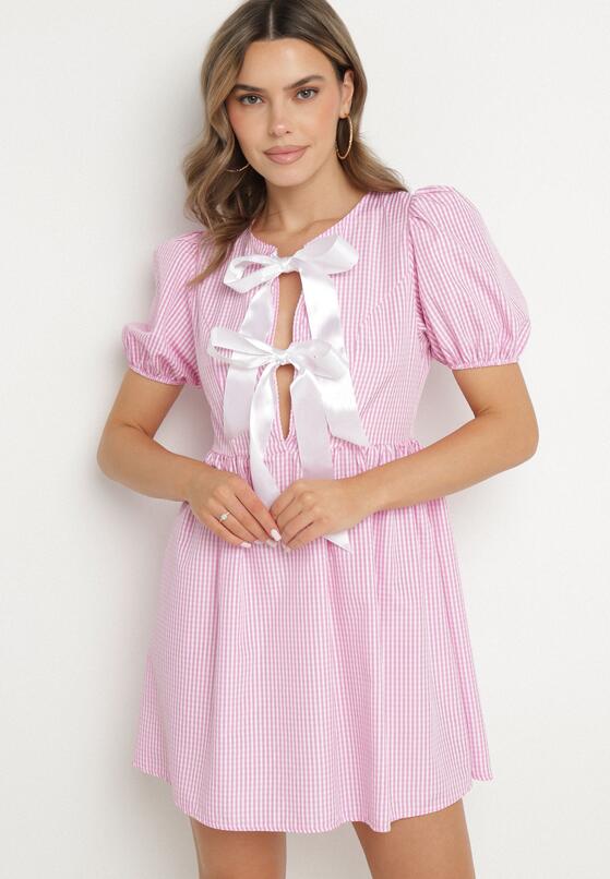 Różowa Rozkloszowana Sukienka w Kratkę Vichy w Stylu Retro z Wiązaniem Telionea 4