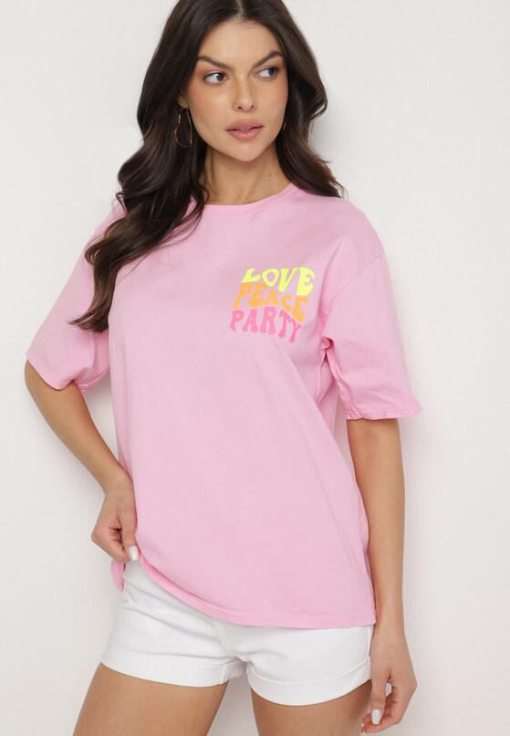Różowy Bawełniany T-shirt Ozdobiony Nadrukiem Odalva 2