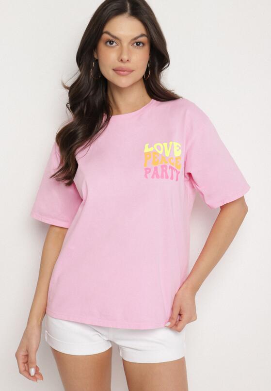 Różowy Bawełniany T-shirt Ozdobiony Nadrukiem Odalva 4