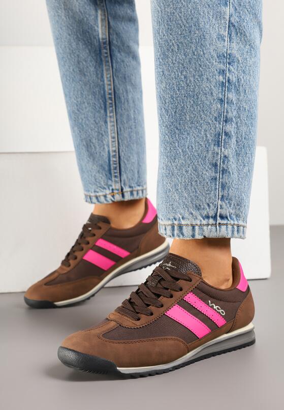 Brązowe Sneakersy z Ozdobnymi Paskami na Nieregularnej Podeszwie Kolarina 1
