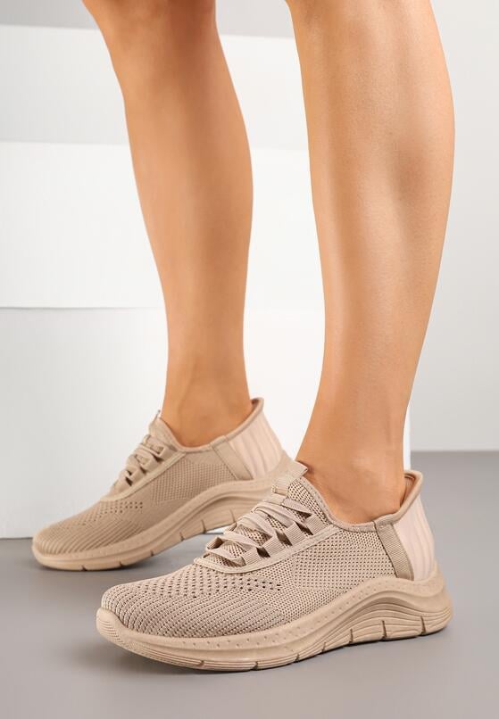 Ciemnobeżowe Siateczkowe Buty Sportowe Sneakersy Wsuwane z Ozdobnym Sznurowaniem Terelea 2