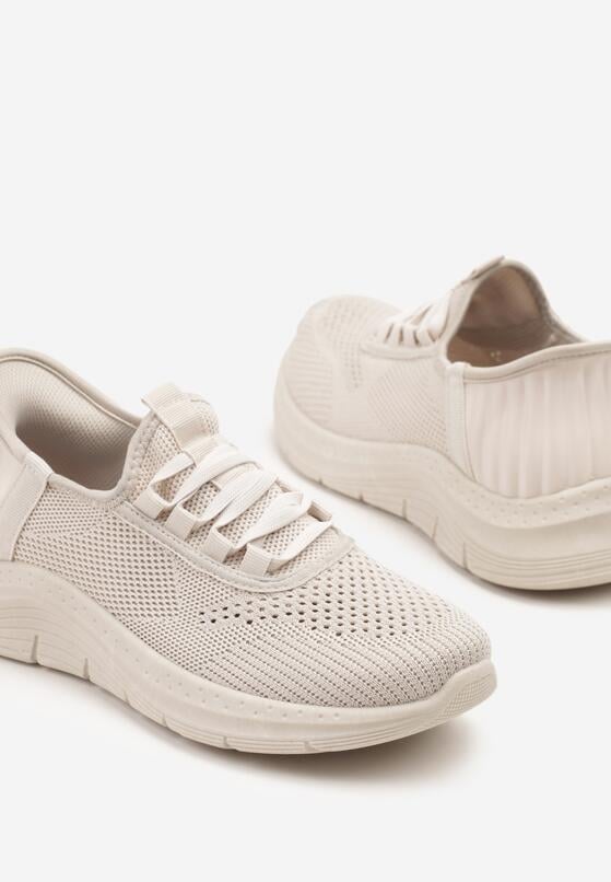 Jasnobeżowe Siateczkowe Buty Sportowe Sneakersy Wsuwane z Ozdobnym Sznurowaniem Terelea 6