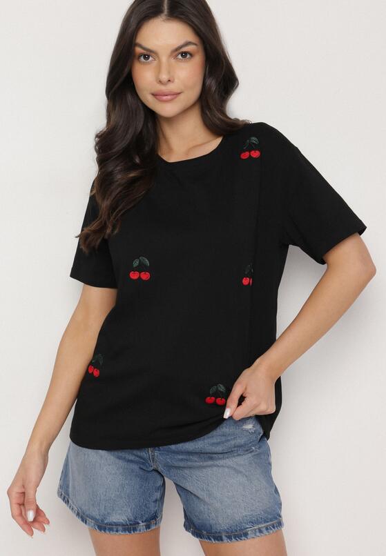 Czarny Bawełniany T-shirt Zdobiony Haftem z Motywem w Wiśnie Nevianira