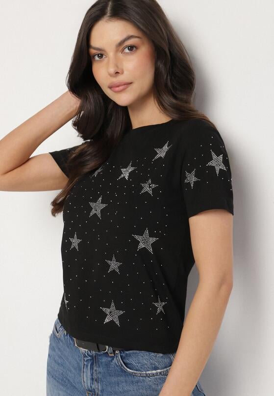 Czarny Bawełniany T-shirt z Cyrkoniowymi Aplikacjami w Gwiazdki Tenivella 2