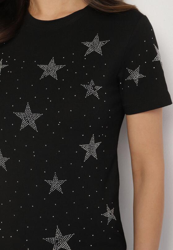 Czarny Bawełniany T-shirt z Cyrkoniowymi Aplikacjami w Gwiazdki Tenivella 5