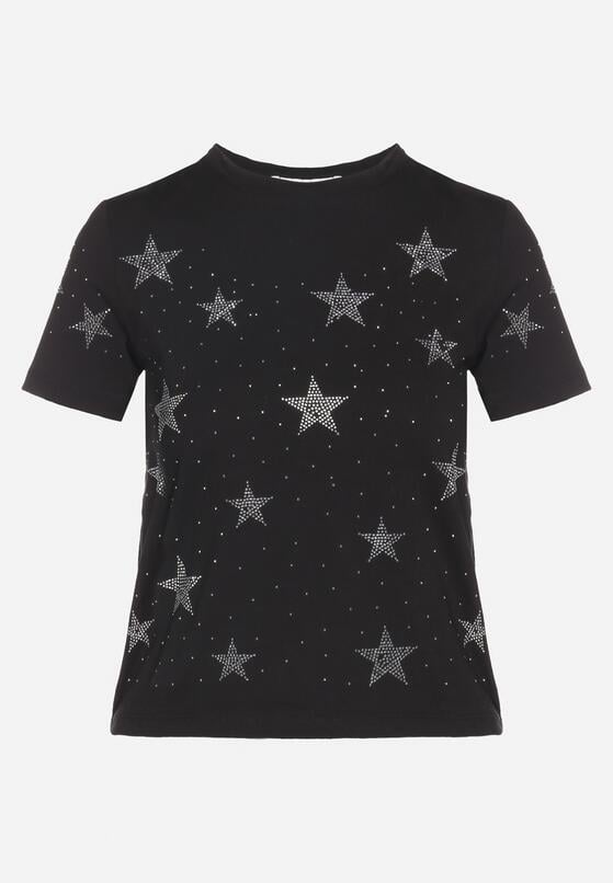 Czarny Bawełniany T-shirt z Cyrkoniowymi Aplikacjami w Gwiazdki Tenivella 6