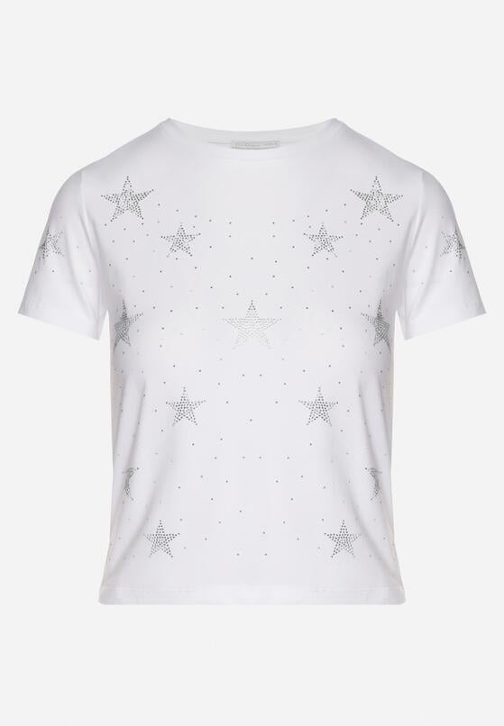 Biały Bawełniany T-shirt z Cyrkoniowymi Aplikacjami w Gwiazdki Tenivella 6