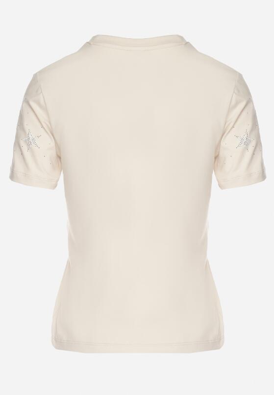 Beżowy Bawełniany T-shirt z Cyrkoniowymi Aplikacjami w Gwiazdki Tenivella 7