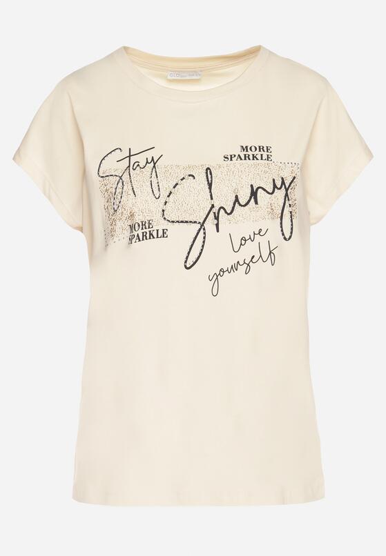 Beżowy T-shirt z Bawełny Typu Nietoperz z Cyrkoniami i Perełkami Linellis 6