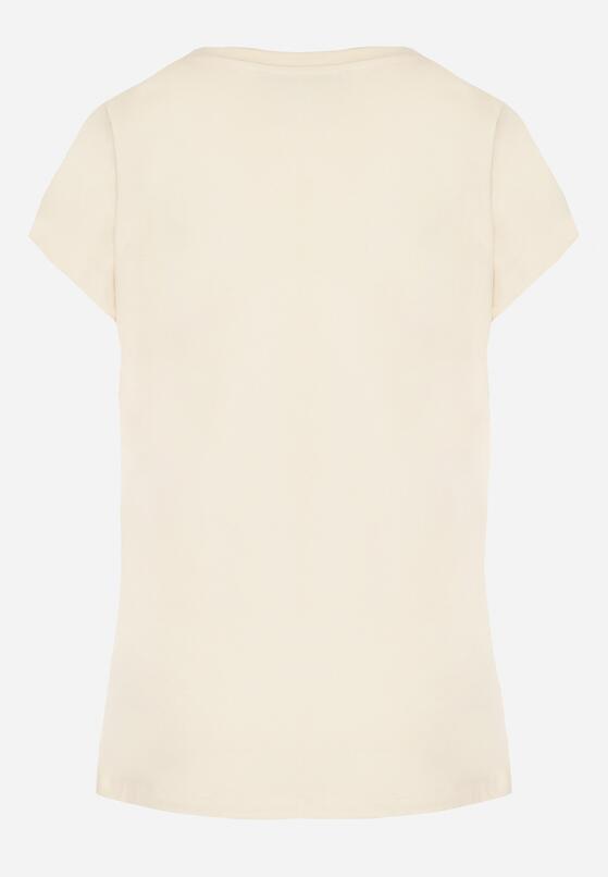 Beżowy T-shirt z Bawełny Typu Nietoperz z Cyrkoniami i Perełkami Linellis 7